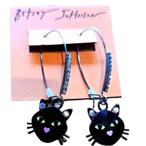 BETSEY JOHNSON Halloween Angular Cut Black Cat with Crystals Dangle Earrings NWT - Picture 4 of 8